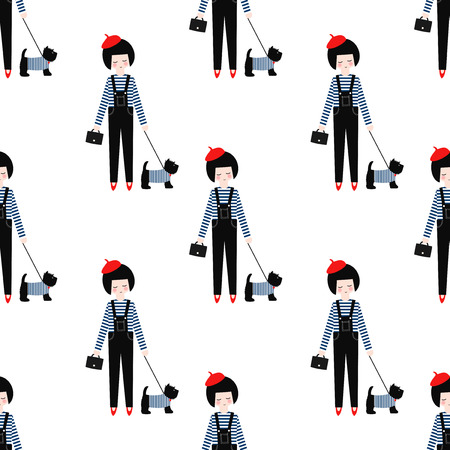 Cute girl with scottish terrier seamless pattern on white background. Vector illustration of girl with dog. Fashion design for textile, wallpaper, fabric etc.のイラスト素材