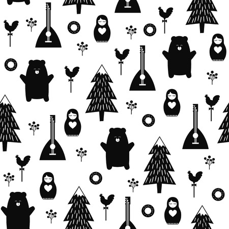 Russian symbols seamless pattern. Black and white cartoon illustration with bear, fir tree, balalaika, nested doll. Russian design for wrapping paper, textile, fabric. Russian style vector background.のイラスト素材