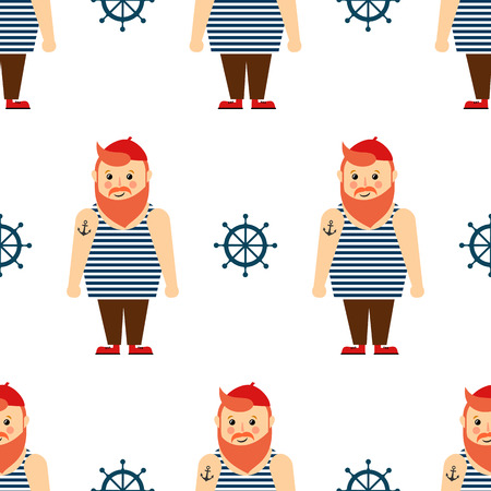 Cute nautical pattern with bearded sailor and steering wheel.のイラスト素材