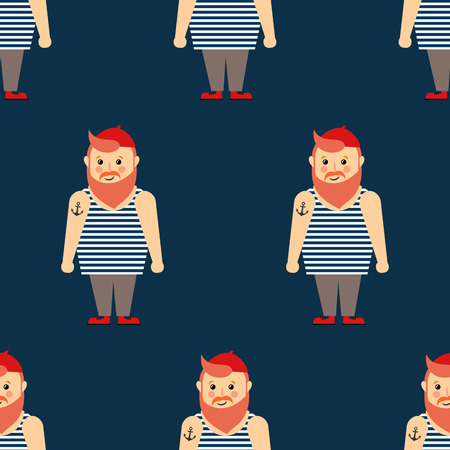 Cute nautical pattern with bearded sailor on dark blue background Navy vector seamless illustration.のイラスト素材