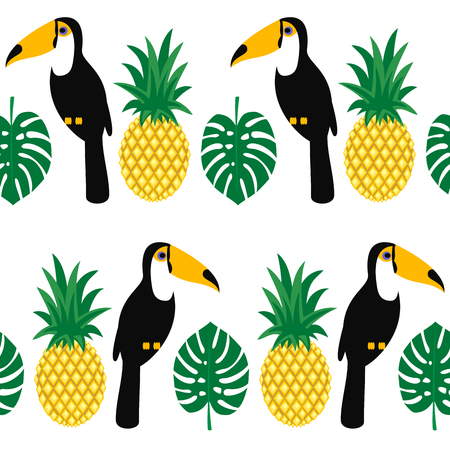 Tropical seamless pattern with toucans, palm leaves and pineapples.のイラスト素材