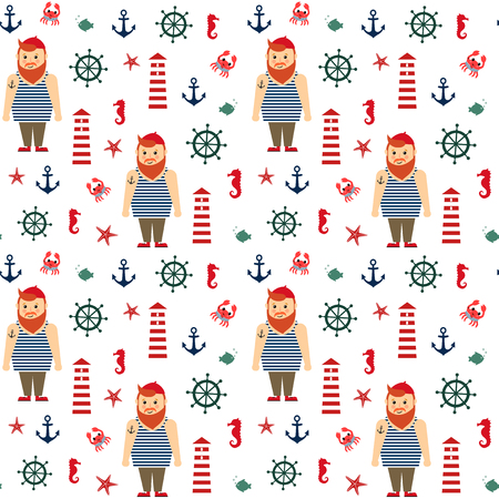 Navy vector seamless sea pattern: bearded sailor, lighthouse, anchor, seahorse.のイラスト素材