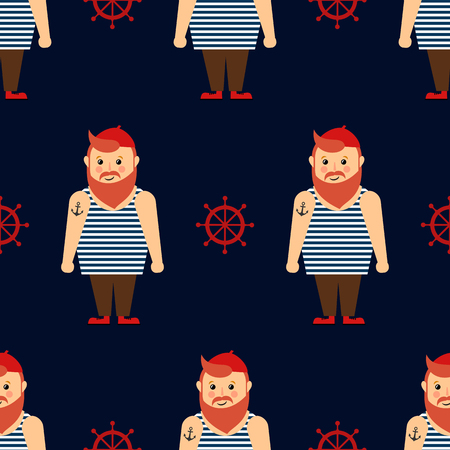 Cute nautical pattern with bearded sailor and steering wheel on dark blue background.のイラスト素材