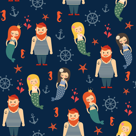 Mermaids girls with sailor, anchor, starfish seamless pattern on dark blue background.の写真素材