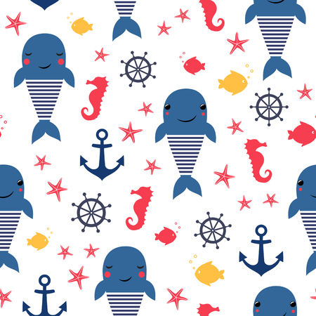 Seamless sea pattern: whale, anchor and seahorse.のイラスト素材