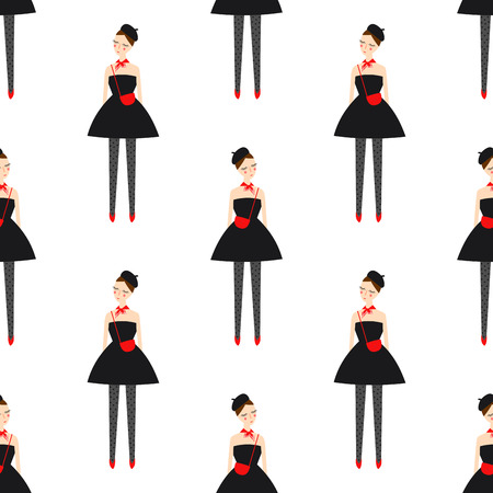 Parisian style girl in black dress seamless pattern on white background.のイラスト素材