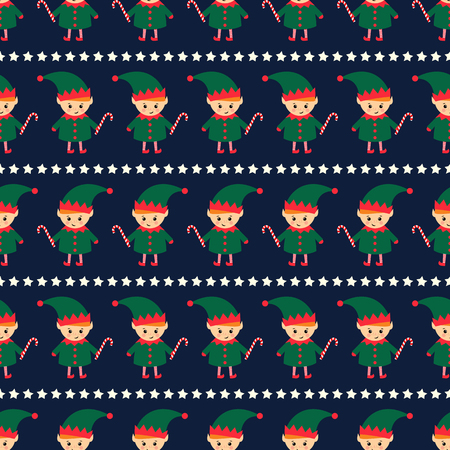 Christmas elf with candy cane and xmas stars seamless pattern on dark blue background.のイラスト素材