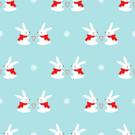 Cute baby rabbits with candy cane hearts and snowflakes seamless pattern on blue background. Winter holidays background. Vector winter design for textile, wrapping paper, fabric, card.のイラスト素材