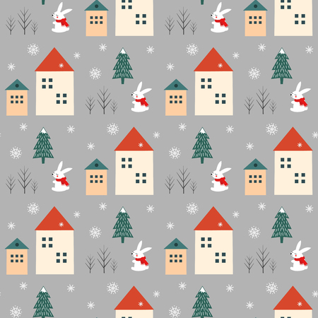 Xmas tree, snowflakes, rabbit and houses seamless pattern on grey background. Happy New Year and Merry Xmas background. Vector winter design for textile, wrapping paper, fabric, card.のイラスト素材