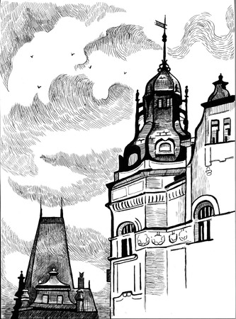 Prague- black and white drawing. European buildings and architecture.の写真素材