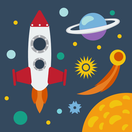 Space theme banner or card with flat astronomic symbolsのイラスト素材
