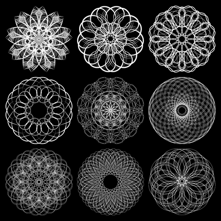 String art and Sacred geometry. Spirograph pattern with black background. Vector elements set.のイラスト素材