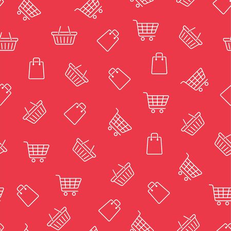 Shopping seamless pattern. Line art. Shopping cart, bag and basket on white background. E-commerce / online shop background. Vector illustration.のイラスト素材