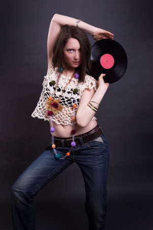 expressional the girl with a vinylの写真素材