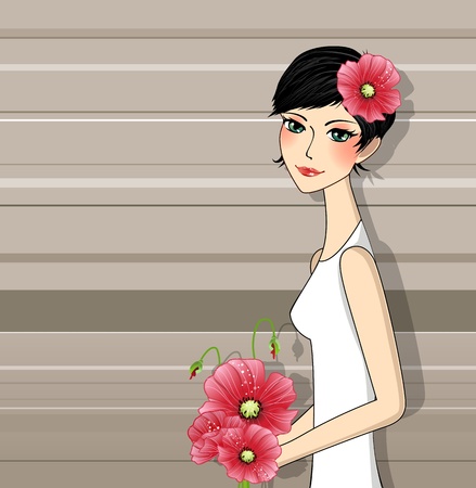 Brunette with a bouquet of poppies. Vector illustration 10 epsのイラスト素材