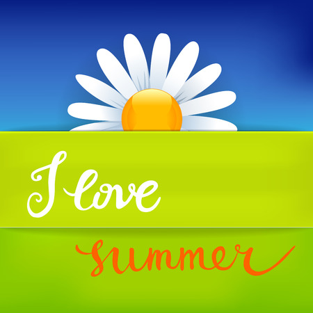 I Love Summer. Original custom hand lettering and summer background. Handmade calligraphy, vector. Illustration for greeting cards, invitations, and other printing projects.のイラスト素材