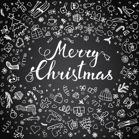 Hand-lettering Merry Christmas with  hand drawn Christmas decoration on  blackのイラスト素材