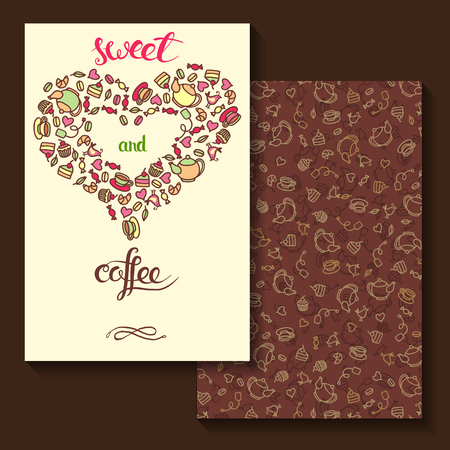 Two sides invitation card design with tea and coffee and dessert illustration background. Vector design template for card, letter, banner, flyer. Can by used to promote your products and services.のイラスト素材