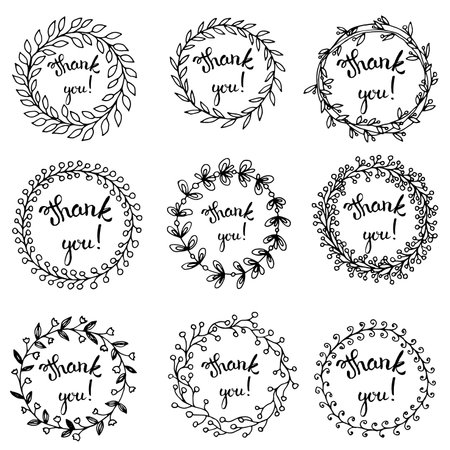 Template design of logo, stamp silhouette Thank you!. Hand drawn and hand letterring. Vector fall design for advertisement, greeting cards and social media content.のイラスト素材