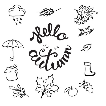 Template design of logo, stamp silhouette Hello, Autumn. Hand drawn and hand letterring. Vector fall design for advertisement, greeting cards and social media content.のイラスト素材