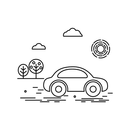 Vector illustration in linear style with car. Logo,  poster or banner template.のイラスト素材