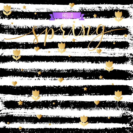 black-and-white stripes with golden symbols and original text Hello Spring. Illustration for posters, greeting cards, prints and web projects.のイラスト素材