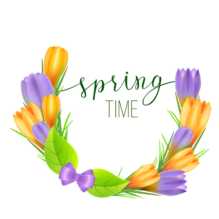 Spring greeting card with yellow and violet crocuses and original handwritten text Spring. Vector illustration for posters, greeting cards, print and web projects.のイラスト素材