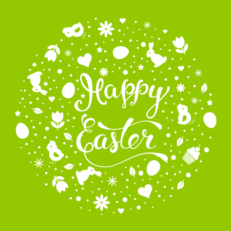 Original hand lettering "Happy Easter" with Easter symbols. Template of Easter poster, icon, Easter greeting card, Easter print and web projects.のイラスト素材