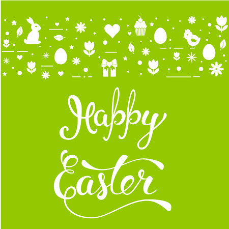 Original hand lettering "Happy Easter" with Easter symbols. Template of Easter poster, icon, Easter greeting card, Easter print and web projects.のイラスト素材