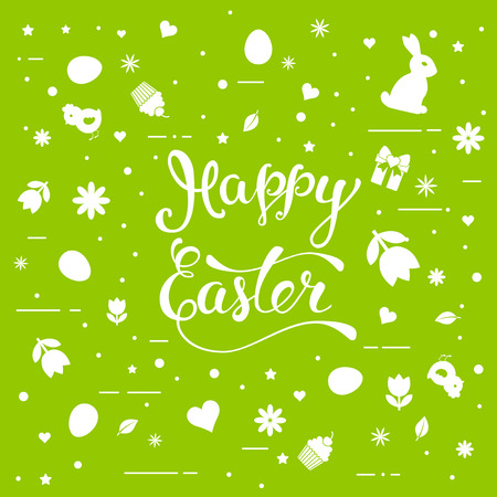 Original hand lettering "Happy Easter" with Easter symbols. Template of Easter poster, icon, Easter greeting card, Easter print and web projects.のイラスト素材