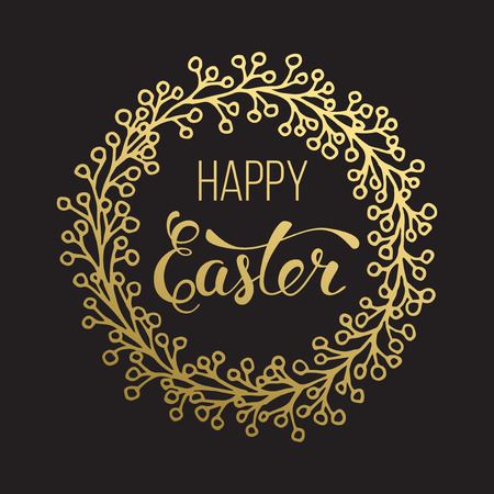 Original handwritten text "Happy Easter" with wreath. Vector illustration for  posters, greeting cards, print and web projects.のイラスト素材