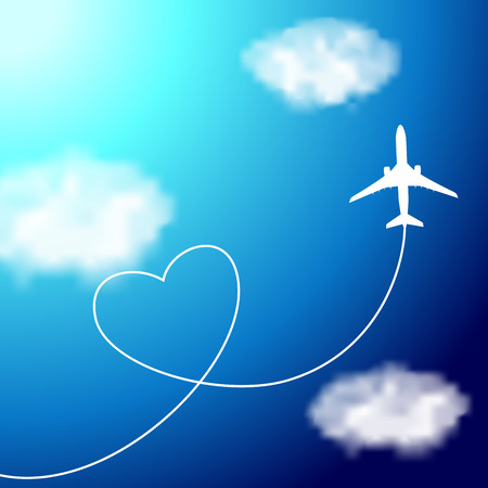 Plane in the clouds with heart-shaped smoke trail on the blue sky. Illustrationのイラスト素材
