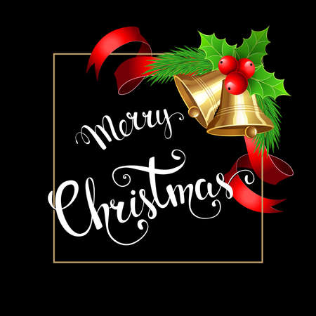 Christmas background with bells and handwritten text "Merry Christmas"のイラスト素材