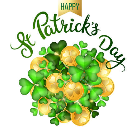 Clovers, coins and original lettering St. Patricks Day on a green and gold background.  Illustration for St. Patrick's day  posters, greeting cards, print and web projects.のイラスト素材