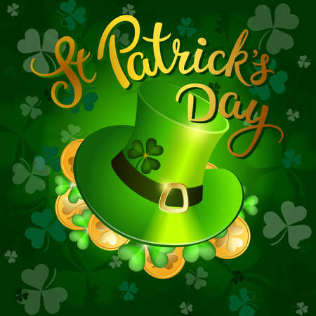 Clovers, coins, green hat and original lettering St. Patricks Day on a green  background.  Illustration for St. Patrick's day  posters, greeting cards, print and web projects.のイラスト素材