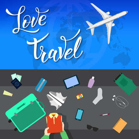 Someone packing his stuff for travel in an opened suitcase. Plane in the clouds and original handwritten text Love Travel.  Illustration for logotypes, posters,  print and web projects.のイラスト素材