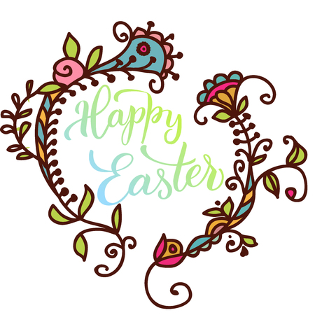 Original hand lettering  Happy Easter  with flowers.  Vector illustration print and web projects.のイラスト素材