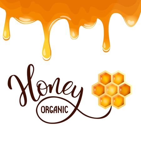 Honey is flowing on a white background. Cartoon style. Handwritten text "Honey". Vector illustration for logo, banners, labels, postcards, posters, web and prints.のイラスト素材
