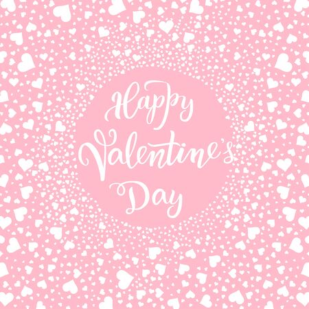 Original handwritten lettering Happy Valentine's day on a pink  background with white hearts. Vector illustration for posters, greeting cards, banners, print and web projects.のイラスト素材