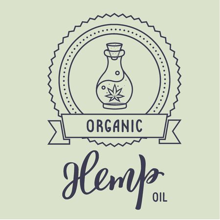 Organic hemp oil. Modern calligraphy hand lettering and label with bottle  oil. Vector illustration for logo, poster, label, print and web project.のイラスト素材