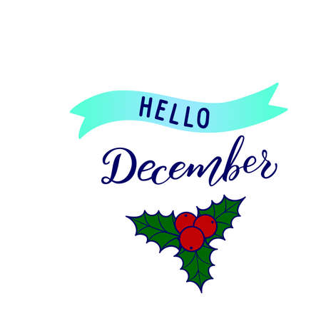 Original hand lettering Hello December and seasonal symbol holly.のイラスト素材