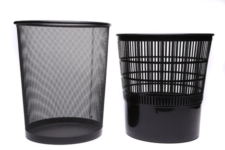Metal and plastic trash cans on white backgroundの写真素材
