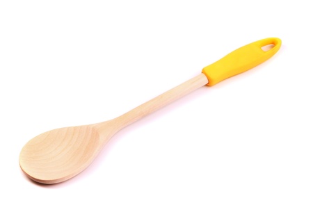 Wooden Spoon with a plastic handle Isolated on a white backgroundの写真素材