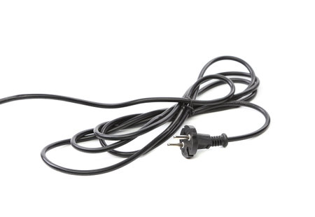 Electric plug and long cable. White background.