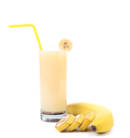 banana and juice isolated on a white backgroundの写真素材