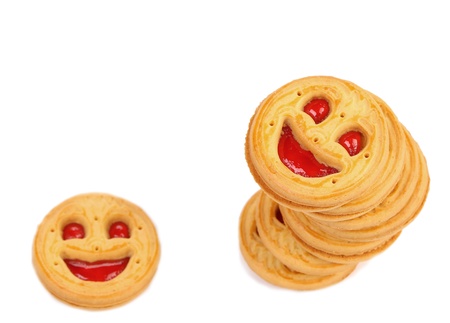 Stack of smile biscuits  Close up  White background の写真素材