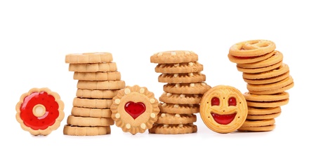 Three stacks of different biscuits  White background の写真素材