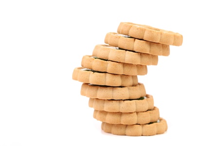 Irregular stack of biscuit. Close up. White background.の写真素材