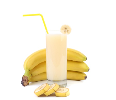 Banana and juice. Close up. White bacground.の写真素材