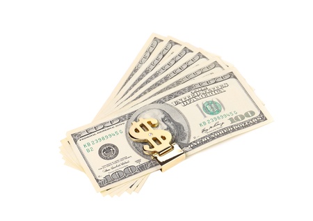 One hundred dollars banknotes in money clip isolatedの写真素材